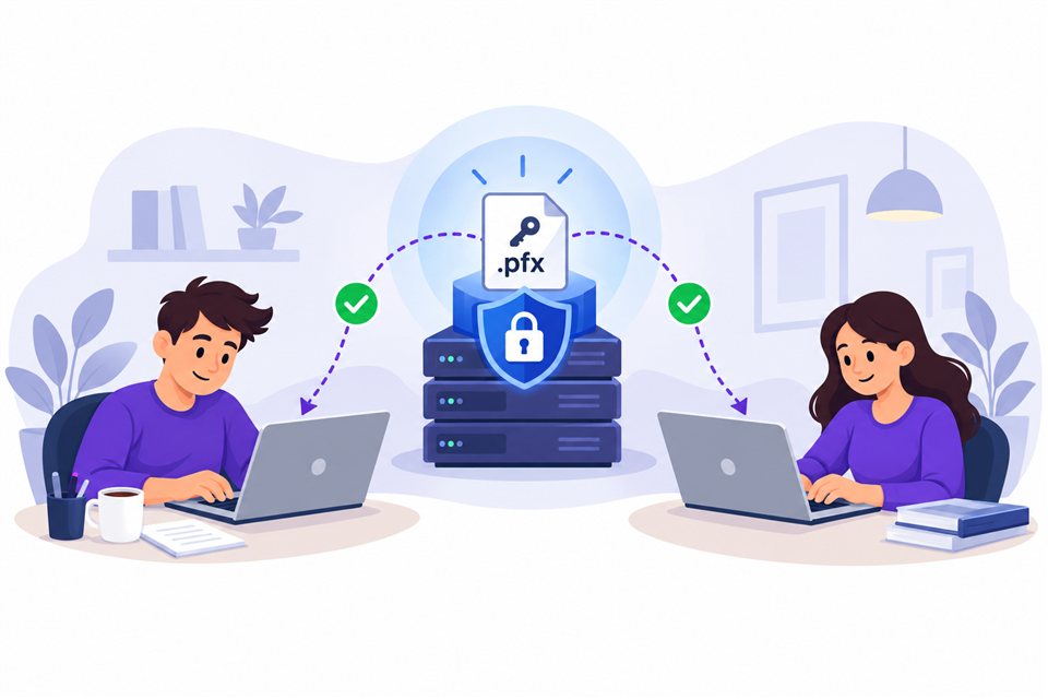 Dos empleados acceden desde sus portátiles a certificados centralizados en un servidor protegido con un escudo y un candado.