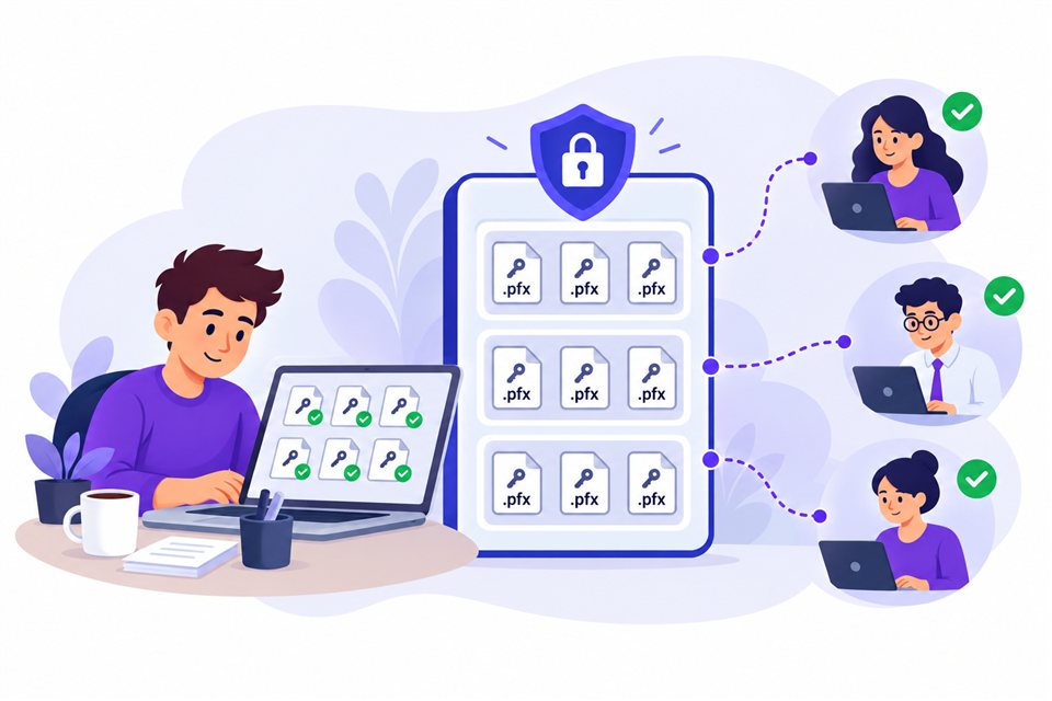 Administrador con un inventario centralizado de certificados protegido por un candado y accesos asignados a tres empleados.