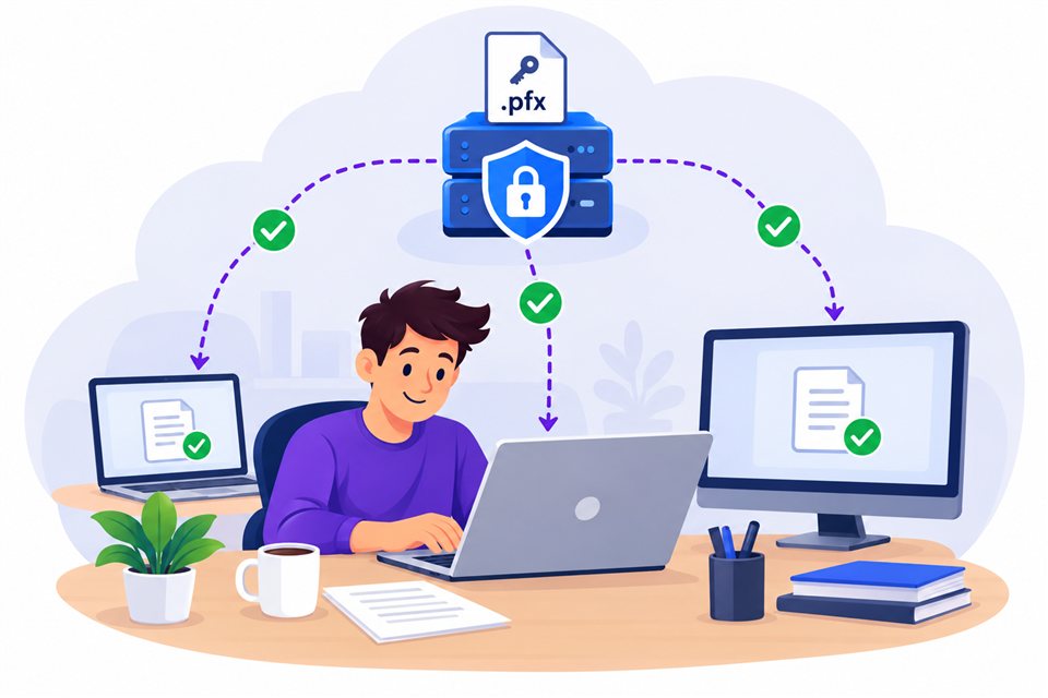 Usuario trabajando con varios ordenadores conectados a un repositorio central de certificados protegido por un escudo y un candado.