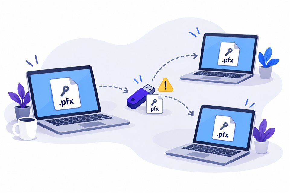Tres portátiles con copias de un archivo PFX conectados mediante flechas a un USB, con un símbolo de advertencia.