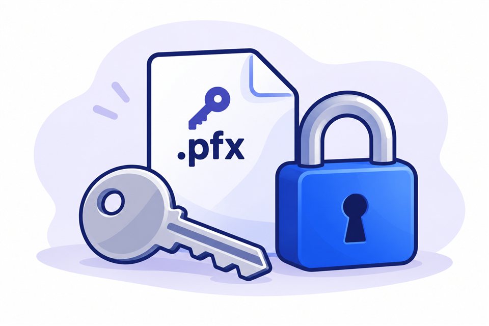 Ilustración en azul y violeta de un archivo PFX con una llave y un candado cerrado, como símbolo de protección de la clave privada.