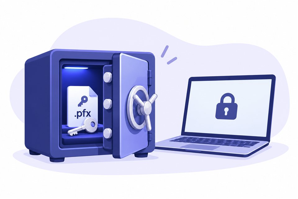 Ilustración en azul y violeta de un archivo PFX y una llave dentro de una caja fuerte, junto a un portátil con un candado en pantalla.